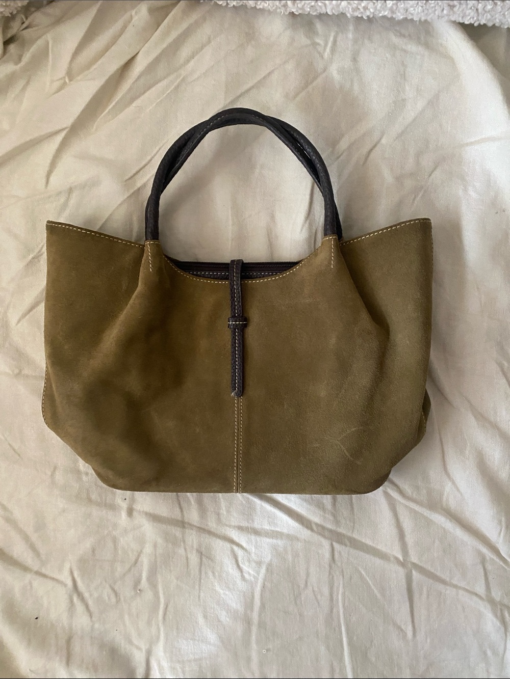 Preston & York Olive Suede Shoulder Bag with Dark Brown Handles